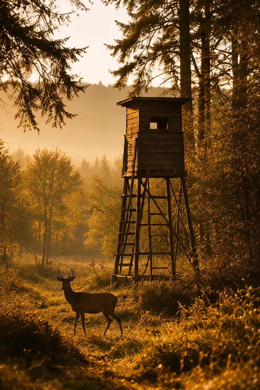 Hochsitz mit Reh im Lehrrevier bei Sonnenuntergang